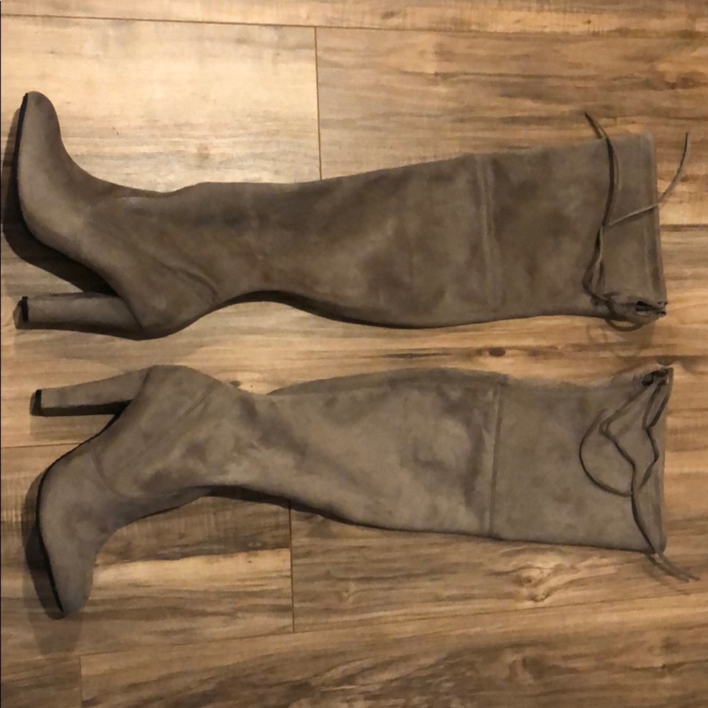 Steven Madden beige suede thigh high tie up boot.